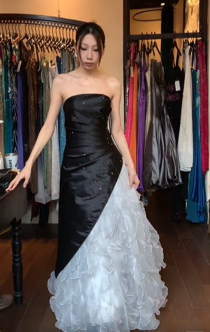 Strapless Black White Contrast Prom Dress, Rhinestone Ruched Asymmetrical Tiered Ruffle Organza Evening Gown gh9774