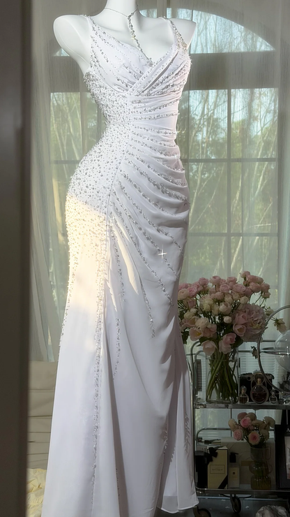 White V-Neck Sleeveless Heavy Beaded Ruched Mermaid Evening Dress, Prom Gown gh9518