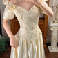 Light Apricot Rose Floral Neckline Fitted Waist Vintage Beaded Full Flared Skirt Long Prom Gown, Wedding Dress gh8598
