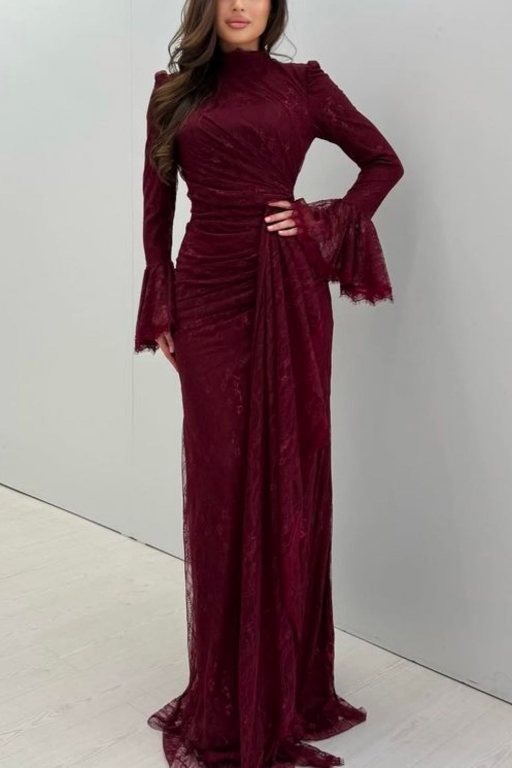 girlhomeshops-Burgunderrotes, langärmeliges Spitzenkleid gh6255