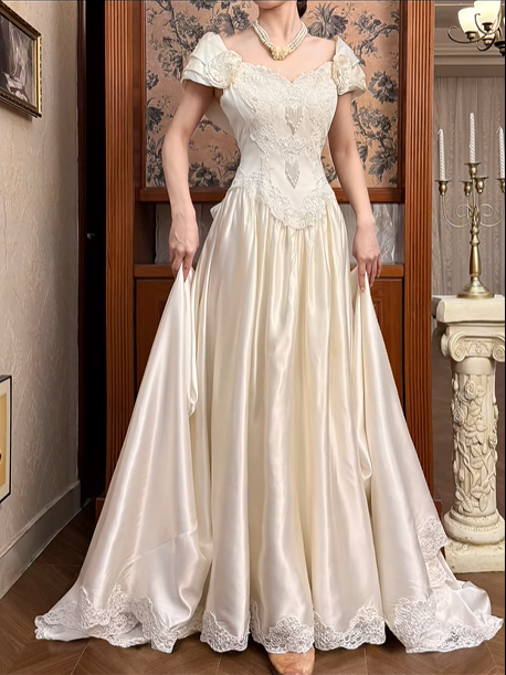 Cream Ivory Satin Vintage Heart Off‑the‑Shoulder Short Cap Sleeve 3D Floral Lace Appliqué Fitted Waist Long Train Prom Gown, Wedding Dress gh8620