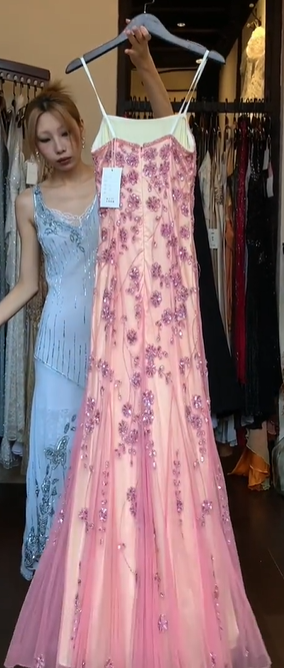 Spaghetti Strap Pink Ombre Tulle Prom Dress Straight Neck 3D Floral Beaded Embroidery Mermaid Formal Evening Gown gh9814