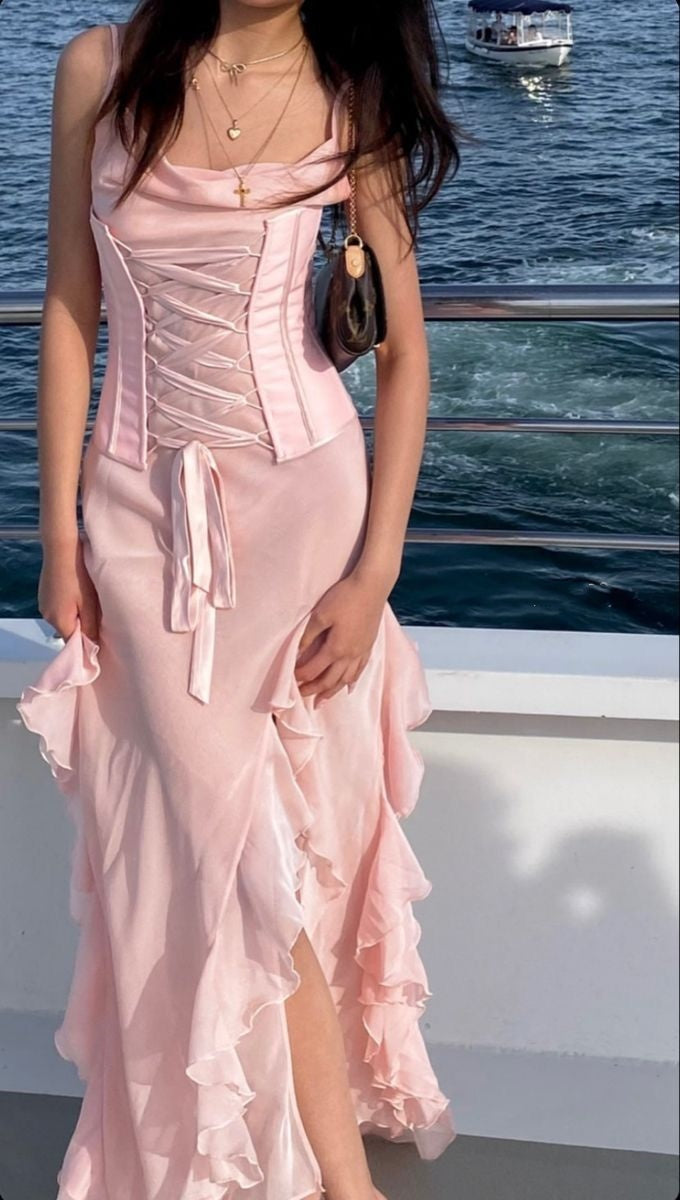Robe de soirée longue en mousseline de soie à volants, élégante et romantique, à bretelles spaghetti, rose, gh3735