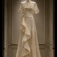 ✨Girlhomeshops-Champagne Textured Tulle Capelet Ruffle Qipao Cheongsam Wedding Gown gh10390
