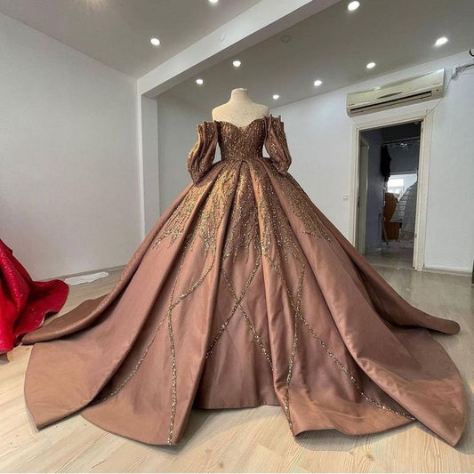 Robe de soirée longue en satin à perles brillantes et exquises, marron, longueur au sol, robe de bal gh3195