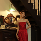 Red Strapless Jacquard Column Prom Dress Textured Fabric Long Evening Gown gh9859