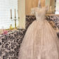 Ivory Bow Spaghetti Straps, Cinched Waist, Sequined Voluminous Skirt Long Romantic Dress, Wedding Gown gh7781