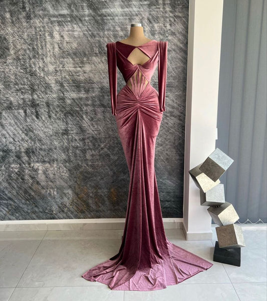 Girlhomeshops - Robe de bal sexy en velours à manches longues, longueur au sol, gh5429