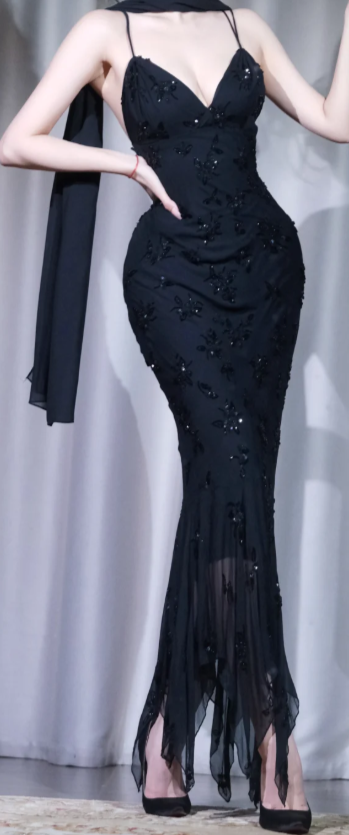 ✨Girlhomeshops-Spaghetti Strap Black Mermaid Evening Gown Beaded Floral Party Dress gh9993