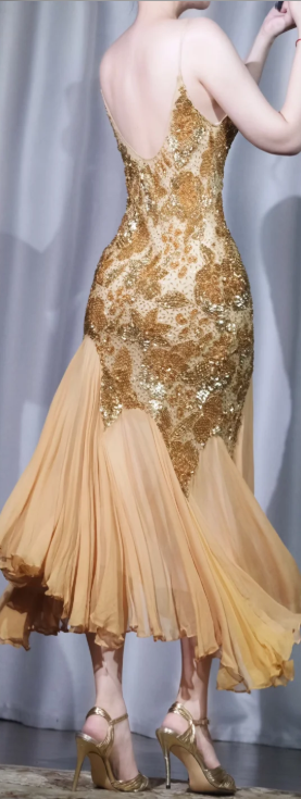 ✨Girlhomeshops-Gold Beaded Sequin Prom Dress Spaghetti Strap Cowl Neck Irregular Chiffon Ruffle Hem Evening Gown gh10060