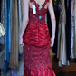 Red Satin Mermaid Evening Gown Wide Straps Heart Beaded Sheer Mesh Prom Dress gh9633