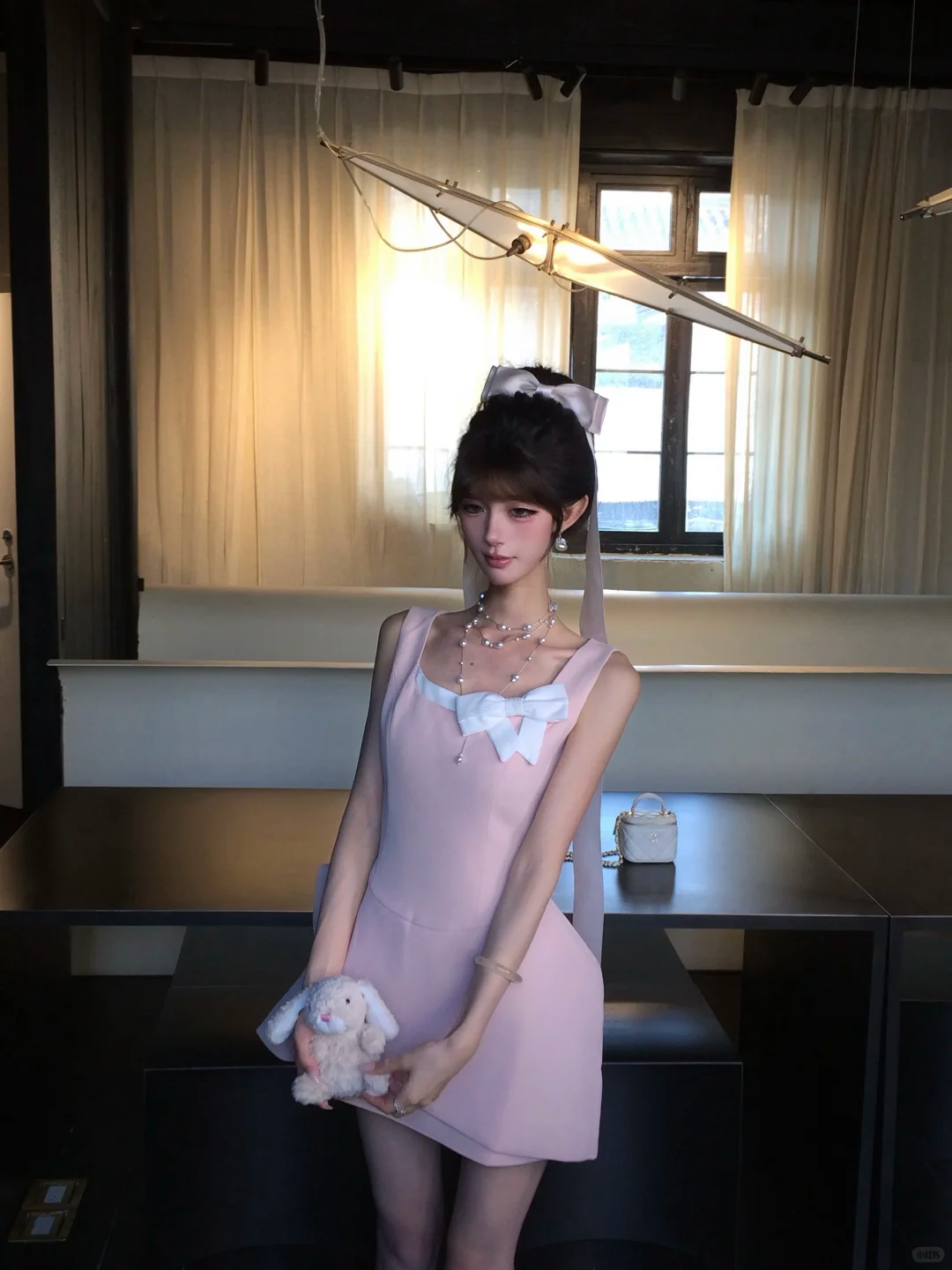 Women Sweet Light Pink Sleeveless Homecoming Dress Square Neck White Bow Asymmetric Ruffle Short Party Dress gh9415
