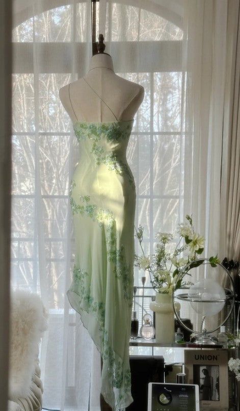 Hellgrünes, modisches One-Shoulder-Elegantes, exquisites Blumenmuster mit Perlen verziertes, langes, figurbetontes Chiffon-Ballkleid, Abendkleid, Partykleid, Ballkleid gh3626