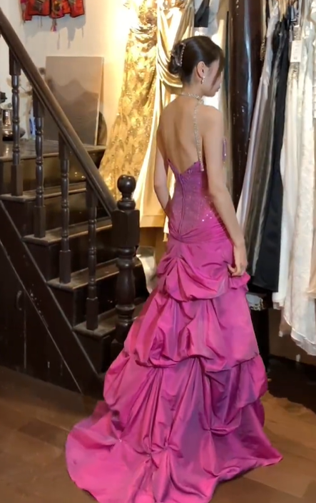 Fuchsia Strapless All Over Sequin Ruched Tiered Mermaid Long Evening Prom Dress gh9782