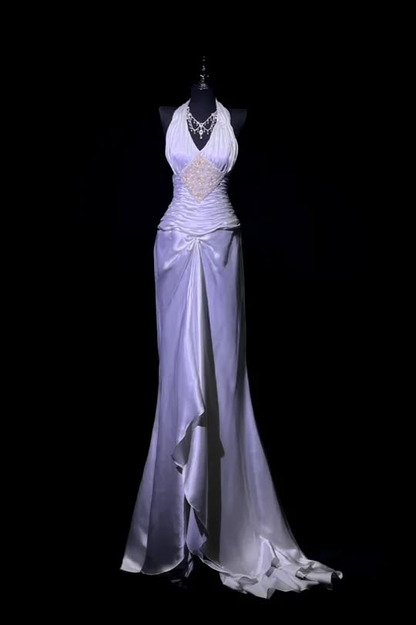 ✨Girlhomeshops-White Beaded Halter Ruched Satin Formal Evening Gown gh10243