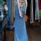 Slate Blue Vintage Prom Dress Strapless Tube Top Full Sequin Hand Beaded Bodycon Mesh Long Evening Gown With Side Slit gh9631
