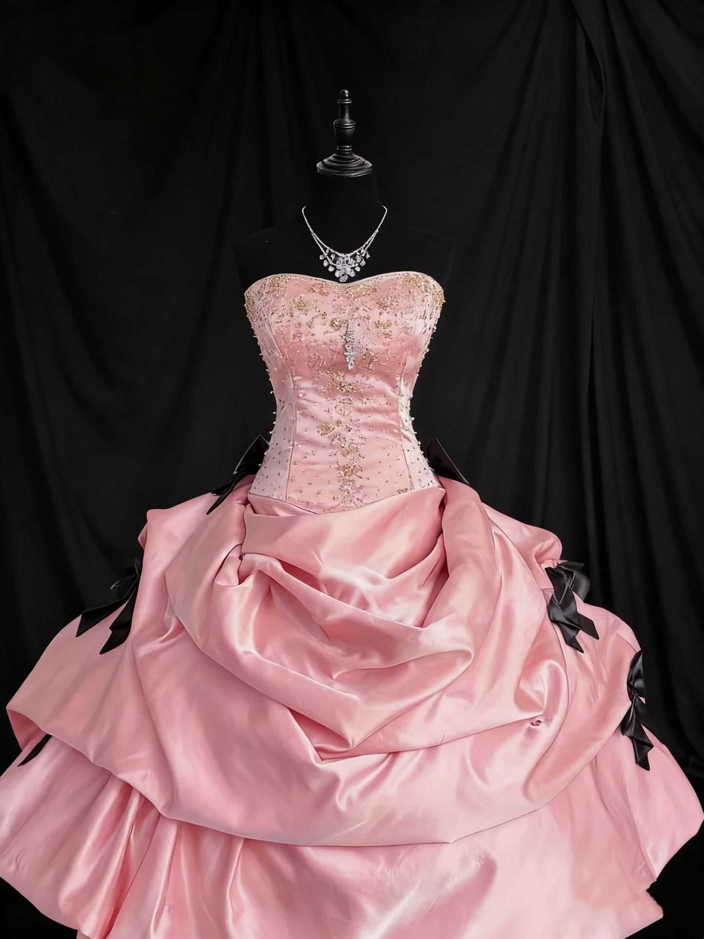 Girlhomeshops - Robe bustier longue en satin rose et nœud noir, style soirée, style girlish heart, avec perles, effet sirène, gh5888