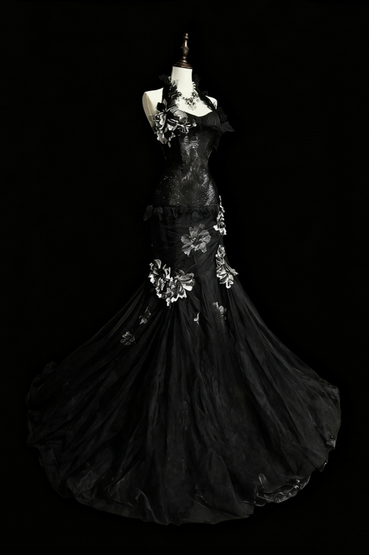 girlhomeshops-Evening dress Black mermaid-inspired floral gown, uniquely elegant dark mermaid long tulle ball gown/evening dress. gh6138