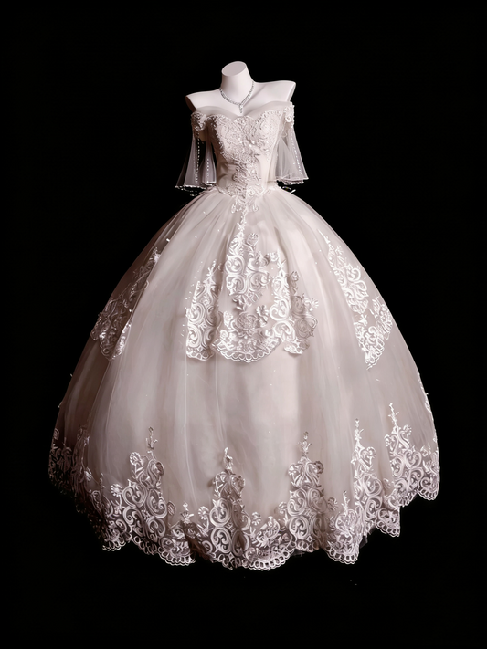 Robe de bal longue de style cour en satin et tulle, ornée de broderies perlées et de perles, avec épaules dénudées et traîne - Robe de cérémonie pour mariage et fiançailles (gh6494)