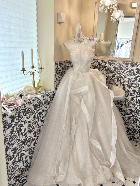 Ivory Strapless Waist-Cinched Voluminous Skirt Long Romantic Dress, Wedding Gown gh7706