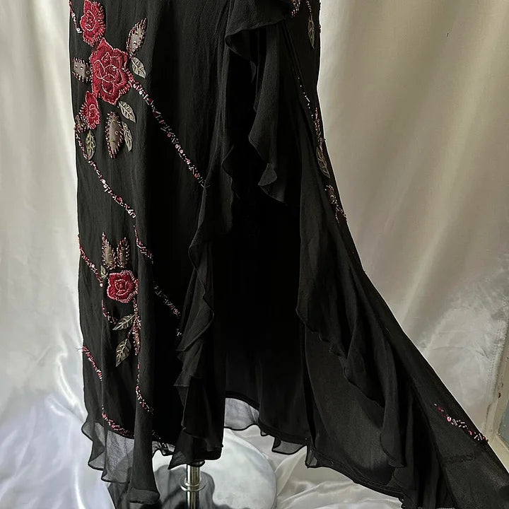 Robe de soirée longue en tulle à fleurs et perles, noire, magnifique, moulante, sans bretelles, exquise, rose rouge, gh3157