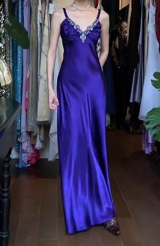 Purple Vintage Prom Dress Double Spaghetti Straps V Neck Rhinestone Beaded Satin Long Evening Gown gh9607