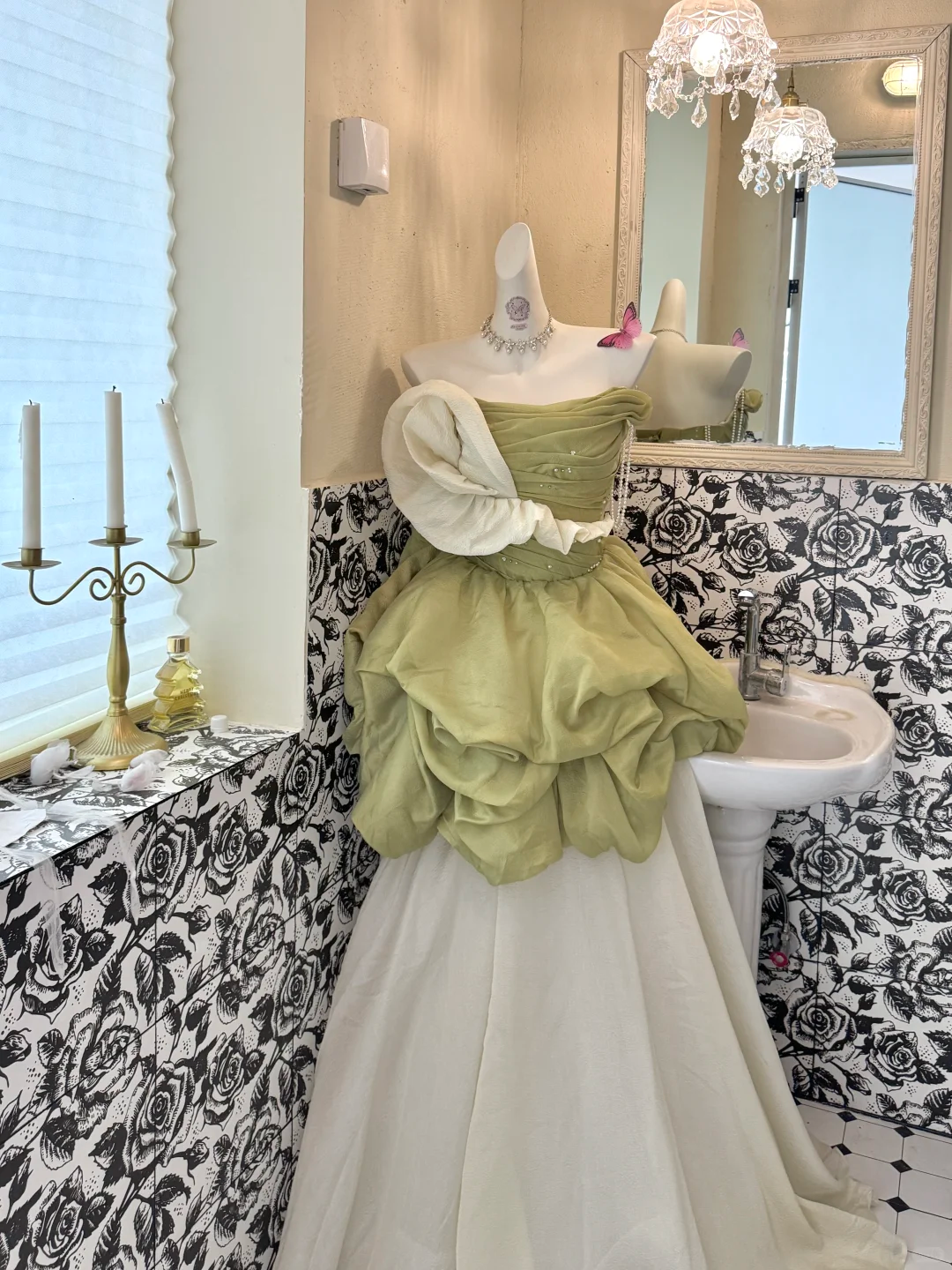 Light Green Strapless Waist-Cinched Voluminous Skirt Long Romantic Dress, Wedding Gown gh7642