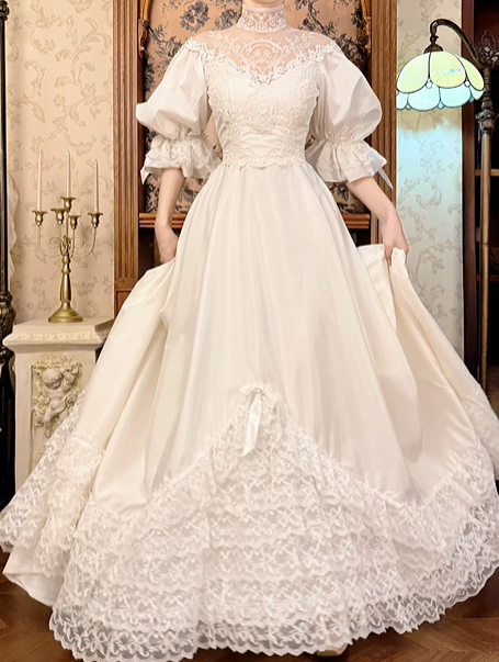 Off‑White Vintage Victorian High‑Neck Lace Illusion Puff Lantern 3/4 Sleeve Fitted Waist Multi‑Tier Lace Hem Long Prom Gown, Wedding Dress gh8611
