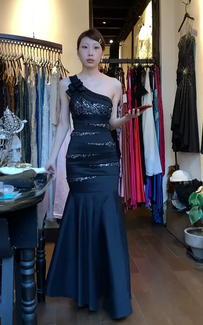 Black One Shoulder 3D Bow Sequin Ruched Mermaid Long Evening Prom Dress gh9758