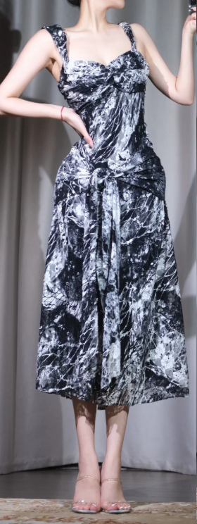 ✨Girlhomeshops-Wide Strap Black White Ink Print Midi Cocktail Dress gh10001