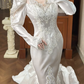 White Vintage Satin Mermaid Wedding Gown, V‑Neck Leg‑of‑Mutton Puff Long Sleeves, Lace Cuffs, Lace Appliqués Fitted Bodice, Floral Lace Embroidery Mermaid Skirt, Scalloped Lace Hem Long Train, Prom Dress gh8664