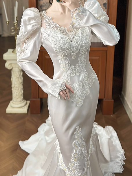 White Vintage Satin Mermaid Wedding Gown, V‑Neck Leg‑of‑Mutton Puff Long Sleeves, Lace Cuffs, Lace Appliqués Fitted Bodice, Floral Lace Embroidery Mermaid Skirt, Scalloped Lace Hem Long Train, Prom Dress gh8664