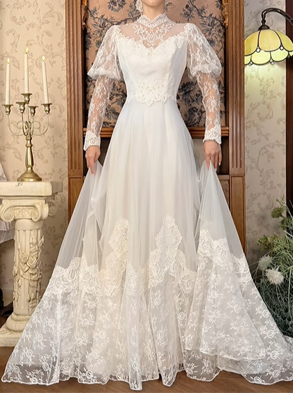 Off‑White Long Puff Sleeve Fitted Waist Elegant Vintage Long Prom Gown, Wedding Prom Dress gh8596