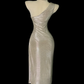 Champagne Gold Metallic One‑Shoulder Midi Evening Gown, Rhinestone Floral Shoulder Accent, Diagonal Ruched Waist, Fitted Bodycon Midi Dress, Retro Sexy Cocktail Prom Party Dress gh8880