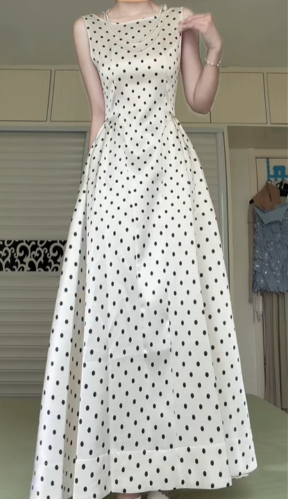 Vintage Black Polka‑Dot Satin Evening Dress, Cream Sleeveless A‑Line Long Formal Gown With Pockets for Banquet Party gh8948