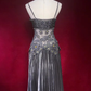 ✨Girlhomeshops-Black Spaghetti Strap Rhinestone Beaded Lace Tulle Evening Gown gh10157