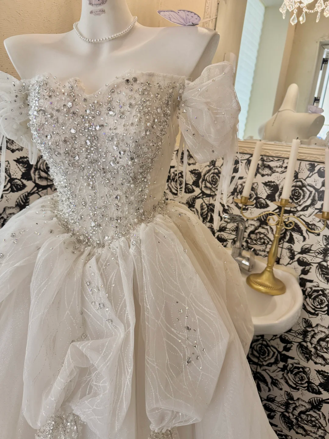 Ivory Off-the-Shoulder Cinched Waist Rhinestone Voluminous Skirt Long Romantic Dress, Wedding Gown gh7806