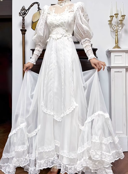 Ivory Vintage High‑Neck Tulle Wedding Dress, Puff Long Sleeve Bridal Prom Gown gh8743