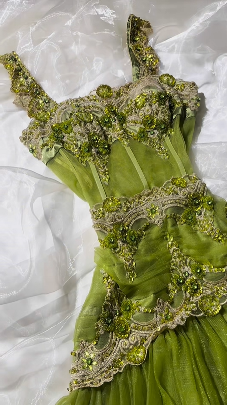 Elegant Vintage Light Green Spaghetti Strap Beaded Fitted Waist Prom & Evening Party Dress gh8506