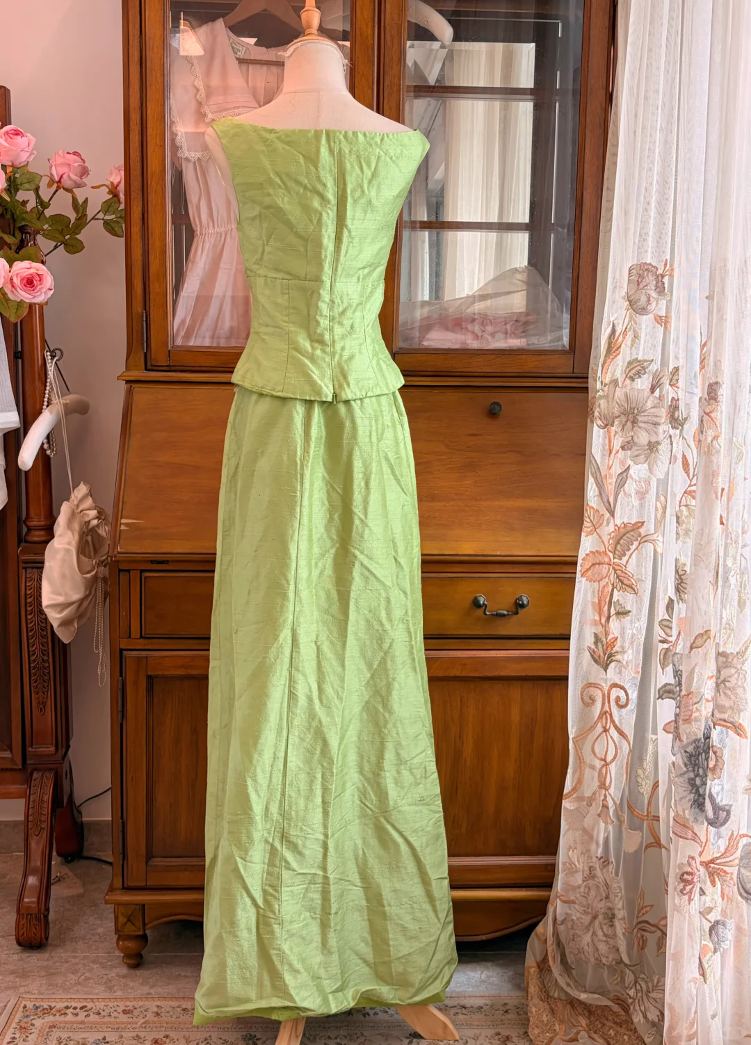 Sage Green Vintage Two-Piece Long Gown, Deep V Sleeveless Formal Dress gh9297