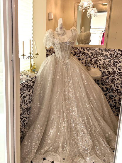 Ivory Puff Sleeve Waist-Cinched Voluminous Princess Skirt Romantic Dress, Wedding Gown gh7612