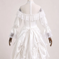 White Vintage Rococo Ball Gown, Off‑Shoulder Ruffle Neck Puff Long Sleeve Detachable Lace High Collar Multi‑Layer Lace Cake Skirt Satin Formal Dress gh9084