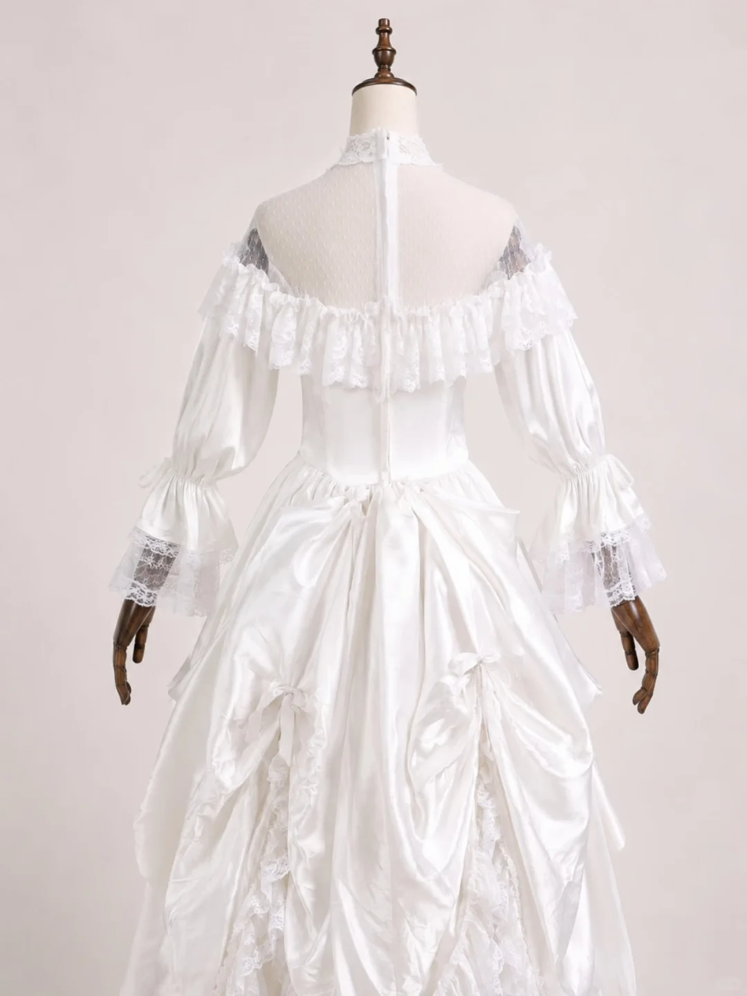 White Vintage Rococo Ball Gown, Off‑Shoulder Ruffle Neck Puff Long Sleeve Detachable Lace High Collar Multi‑Layer Lace Cake Skirt Satin Formal Dress gh9084