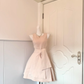 Women Nude Pink Homecoming Dress, Sleeveless Round Neck Fitted Waist With Matching Wide Sash Side Big Bow Layered Pleated Flared A‑Line Mini Dress gh9184