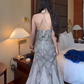 Light Gray Vintage Beaded Spaghetti Strap Exquisite Long Prom & Evening Party Dress gh8390