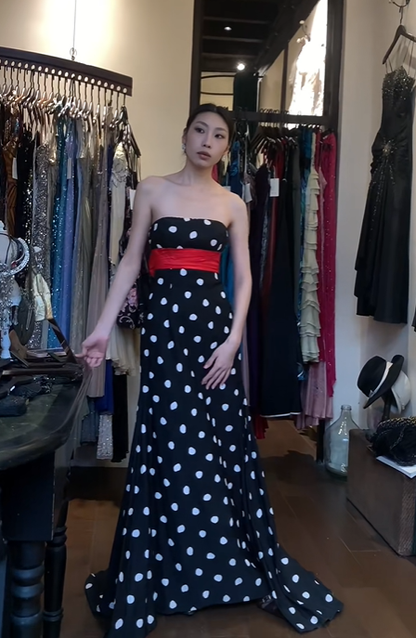Strapless Polka Dot Evening Gown with Red Sash A-Line Long Prom Dress gh9679