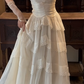Off‑White Square Neck Vintage Wedding Gown, Eyelet Lace Ruffle Short Sleeve Tiered Cake Tulle Train Bridal Dress gh9064