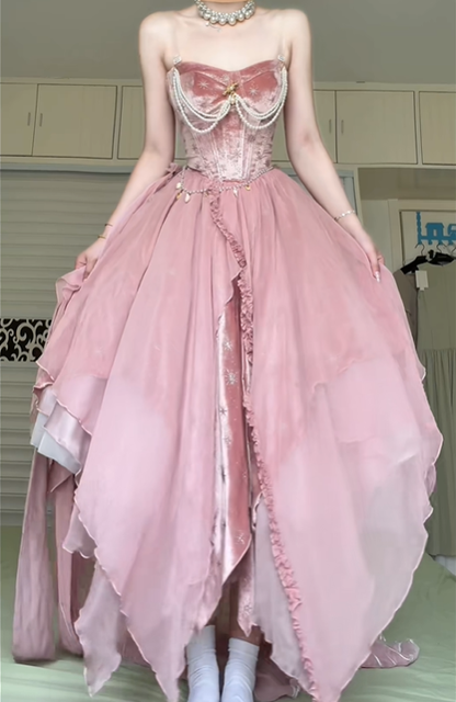 Dusty Pink Strapless Corset Ball Gown, Velvet Jacquard Bodice Pearl Chain Ornament Asymmetrical Ruffled Skirt Formal Prom Dress gh8990