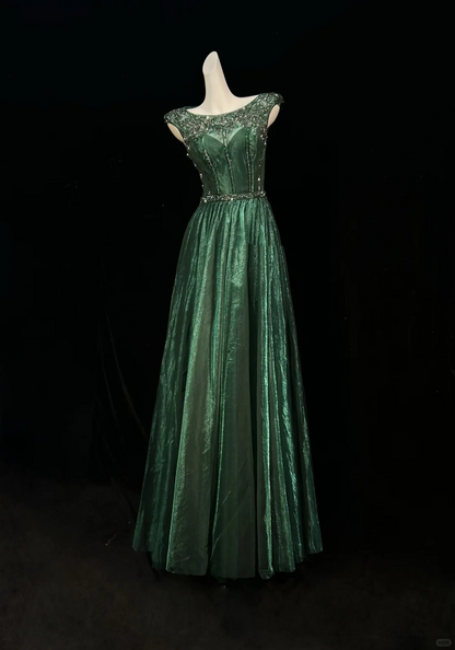 ✨Girlhomeshops-Dark Green Cap Sleeve Beaded Rhinestone A-Line Gown Shimmer Tulle gh10147