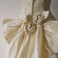 Light Champagne Vintage Wedding Gown, V‑Neck Puff Short Sleeves, Heavy Beaded Sequin Floral Lace Applique, Large Back Satin Bow, Satin Ball Gown Skirt, Bridal Prom Dress gh8914